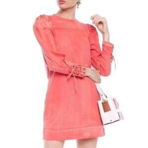 Ulla Johnson Women Manon Lace-up Sleeve Faded Denim Mini Dress Coral Size 2